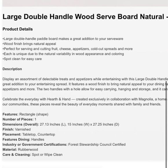 Hearth & Hand Natural 2 Handled Serving  Board - Picture 5 of 5